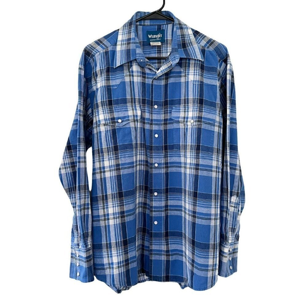 Wrangler Western Shirts Men's Sz L Blue White Plaid Pearl Snap Long Sleeve Shirt - Picture 1 of 9